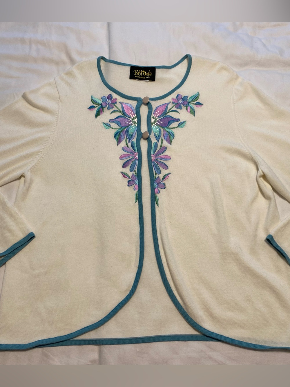 NEW Bob Mackie Wearable Art Cardigan with Teal Trim and Floral Embroidery XL